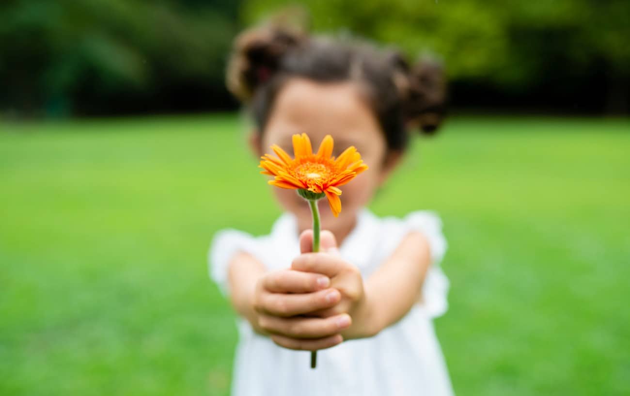 girl offers you a flower in a field