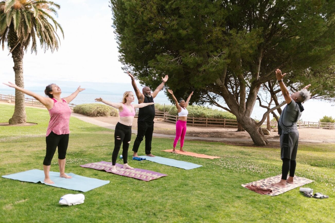 Group of people practicing yoga outdoors marking International Day of Yoga 2026, themed Yoga for Healthy Ageing